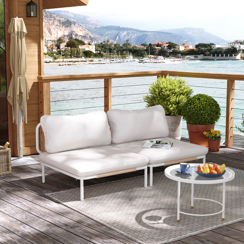 Causeuse d'extérieur avec coussins, Coussin beige / cadre blanc / naturel