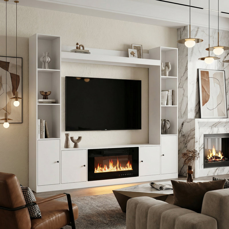 Meuble audio-vidéo moderne avec tablettes, rangement pour armoire, gestion des câbles et tablette supérieure, Blanc
