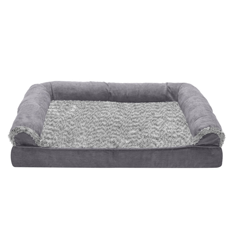 Two-Tone Faux Fur & Suede Sofa Pet Bed, Stone Gray, Medium (30" W x 20" D x 6" H), Orthopedic Foam
