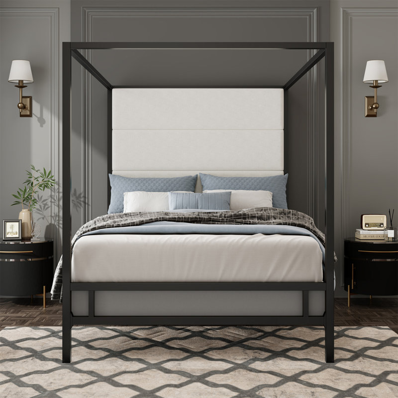 Modern Canopy Bed With Tall Velvet Fabric Upholstered Headboard Metal 4-Poster Bed Frame, King, Black