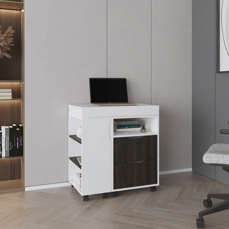 Desk,54" Wide Two Drawer Expandable Desk  With Seven Shelves And Casters White - Dark Walnut