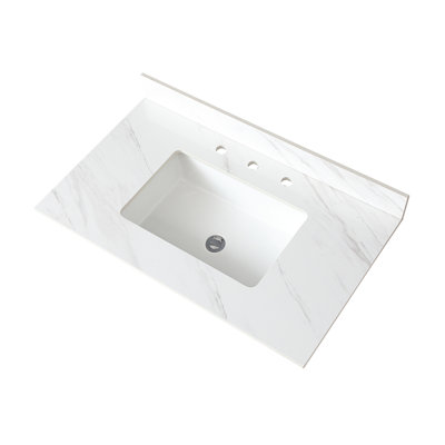 Comptoir de salle de bain blanc 37 po - Pierre frittée avec lavabo rectangulaire, dosseret 4 po, trou de robinet pré-percé pierre 37 po, Chic Essential