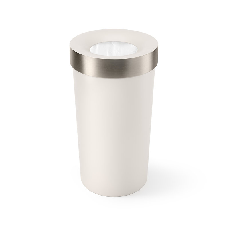 Sand Beige Polypropylene Indoor Trash Can with Brushed Metal Accents