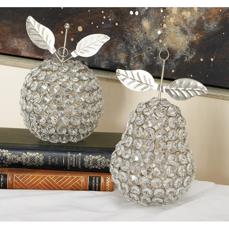 Feinberg Metal Fruit Decorative Silver Sculpture with Crystal Embellishments Set