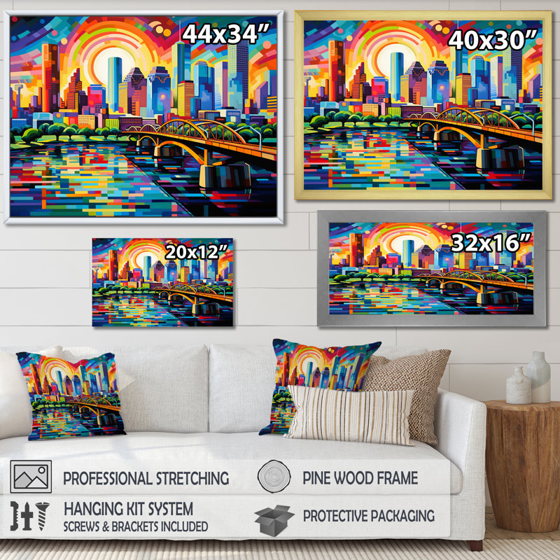 Art urbain sur toile City Houston Popart, H 34 po x l 44 po x P 1,5 po, Cadre flottant noir