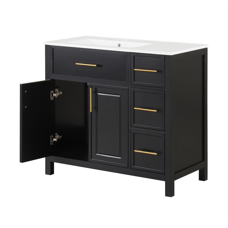 36 Inch Single Bathroom Vanity With Ceramic Sink Top, Bathroom Vanity Cabinet With 3 Drawers And 2 Doors, Black