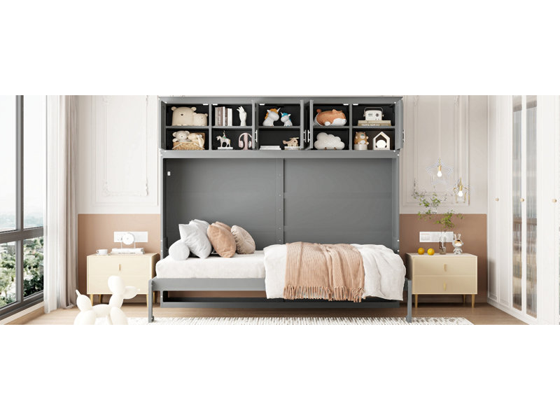 Lit escamotable mural avec armoires supérieures Murphy, Gris, Grand lit