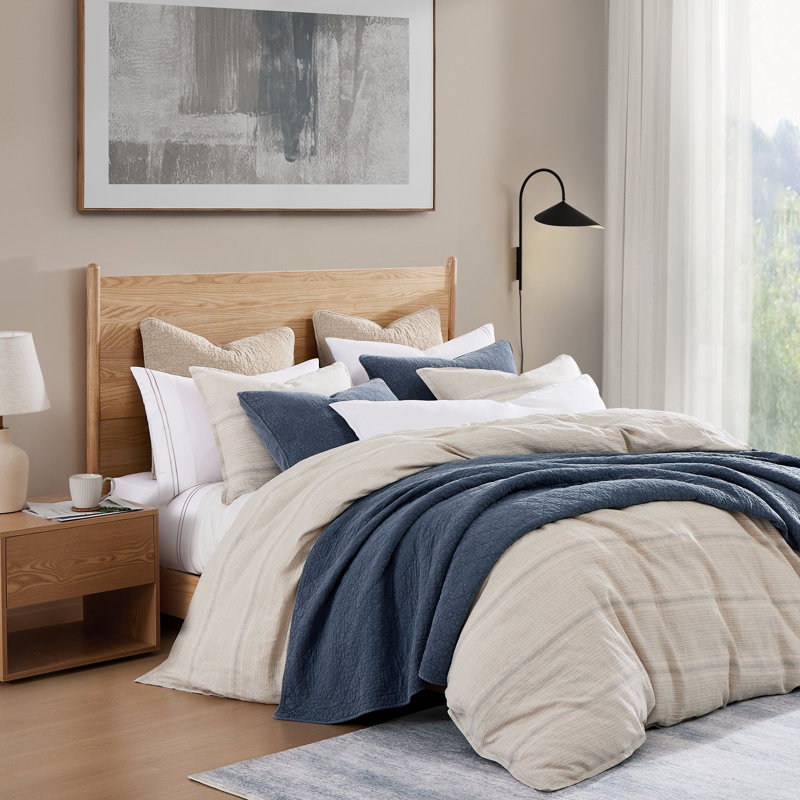 Natural and Light Blue French Linen Queen Duvet Cover Set