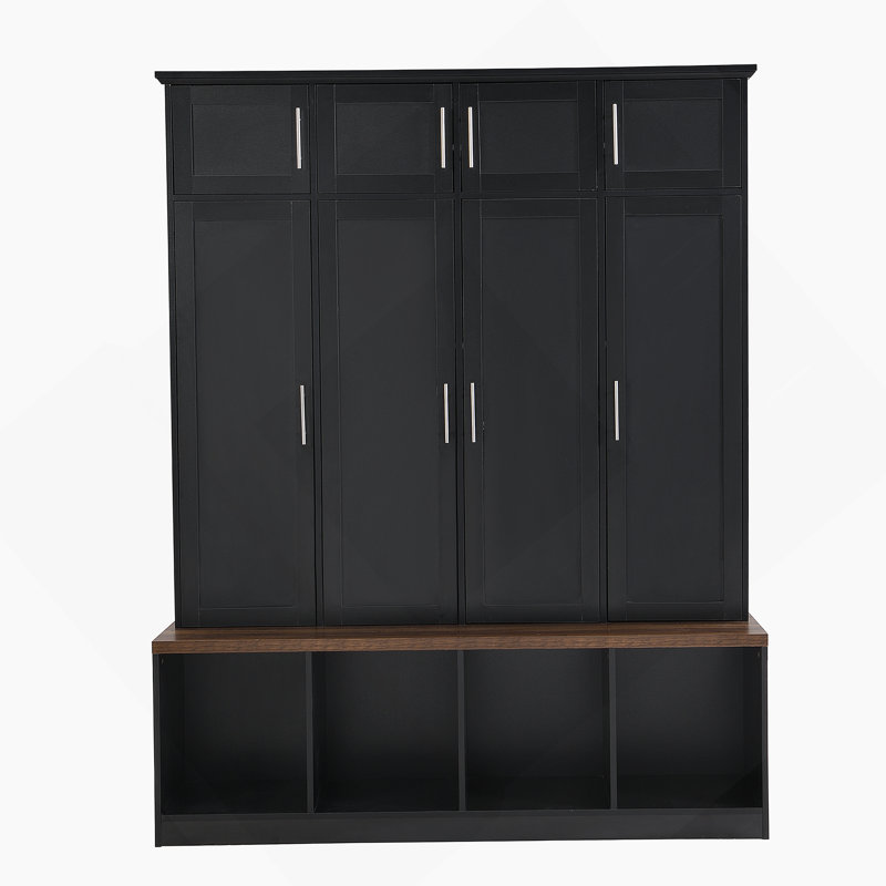 Versatile Hall Tree With 4 Hanging Hooks, Brown Wood Grain Bench With Multiple Storage Space, Entryway Cabinet With Open Compartments