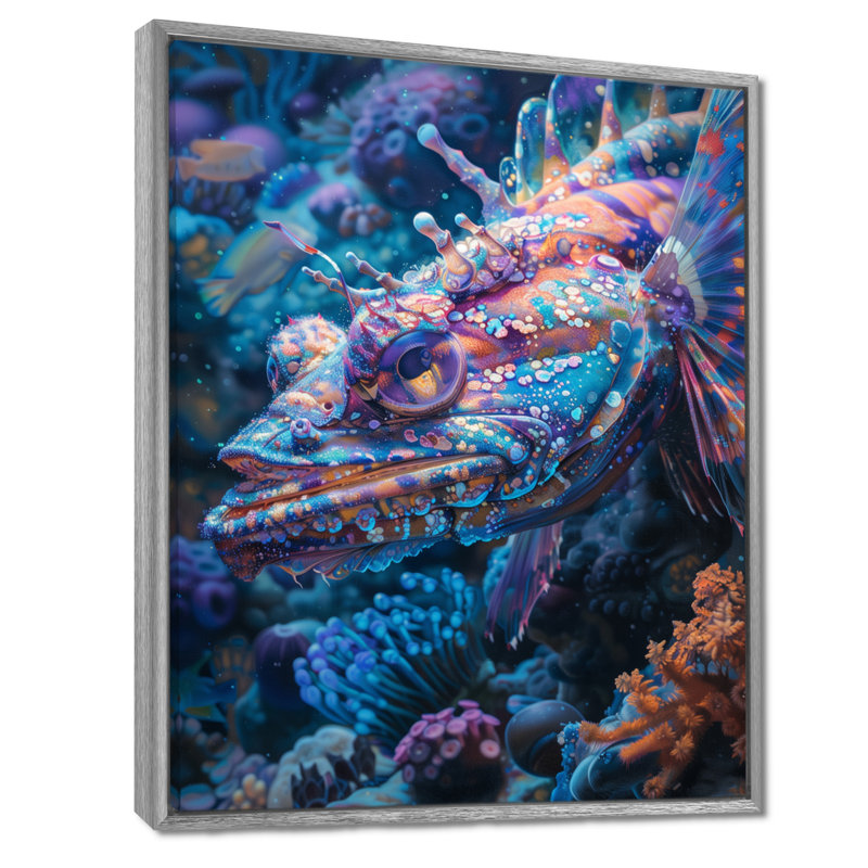 Blue Glowing Abyss Sea Creatures - Sea Creatures Wall Decor, 44" H x 34" W x 1.5" D, Silver Floater Framed