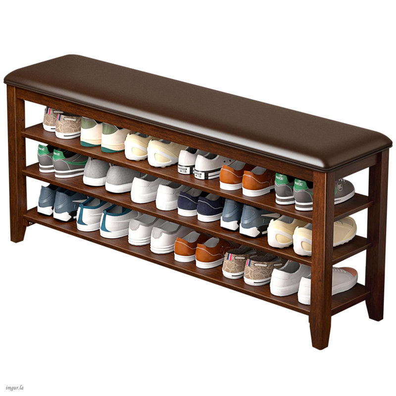 Shoe Rack Bench Entryway Storage with Leather Cushion and 3 Height-Adjustable Removable Shelve, 21.2" H x 47.2" W x 11.81" D