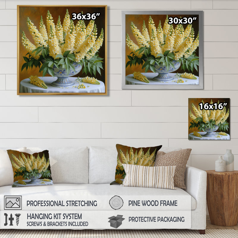 Nature morte de fleurs jaunes de Ligularia - Bouquets assortis, Toile avec cadre flottant noir, H 16 po x l 16 po x P 1 po