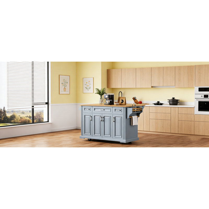 Grand îlot de cuisine de 54 po K&K avec abattant, texture gaufrée, chariot roulant sur 4 roues, 4 portes, 3 tiroirs, gris-bleu