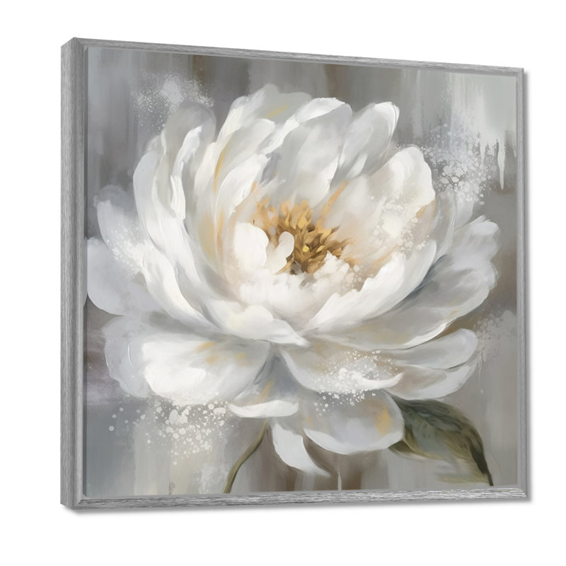 Art de pivoines blanches et grises - art sur toile de pivoines, H 36 po x l 36 po x P 1,5 po, Encadrement argenté