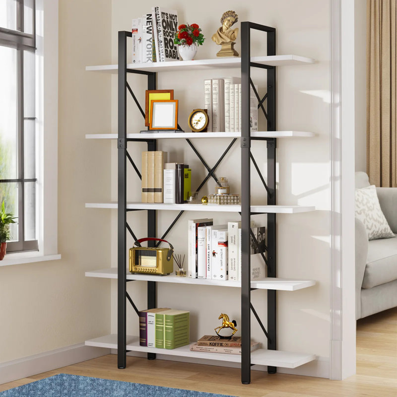 Kazys 71"H x 47"W 5-Tier Wood Vintage Industrial Etagere Bookcase, White