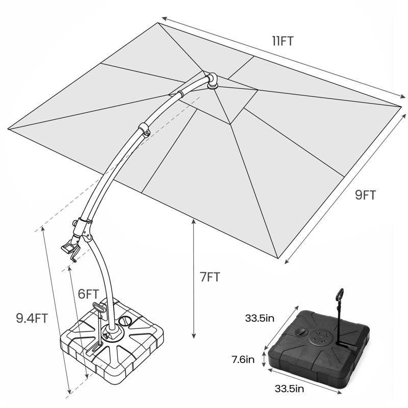 9 pi 11 pi Parasol rectangulaire en porte-à-faux pour patio avec base, Tanné