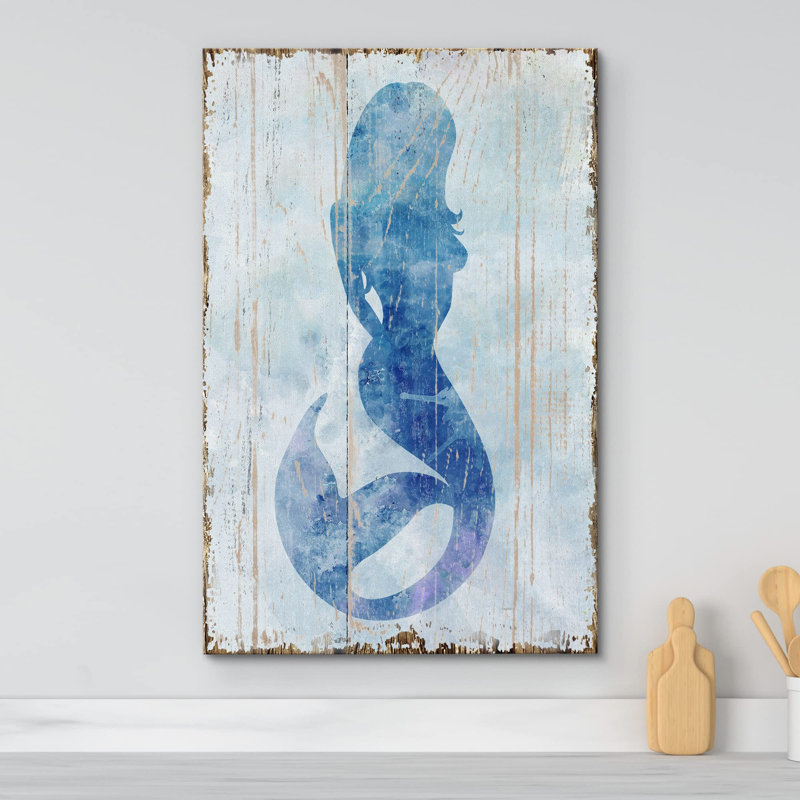Silhouette de sirène bleue sur panneaux de bois, fantaisie et science-fiction, océan, illustrations, art moderne, rustique