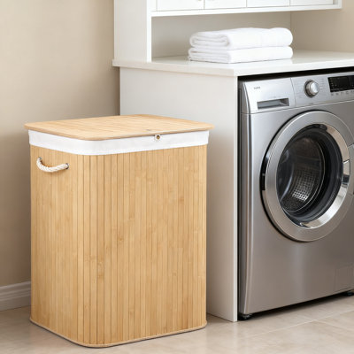 Panier à linge mince 72L avec couvercle, panier à linge pliable en bambou avec poignées et doublure amovible lavable pour dortoir de salle de bain