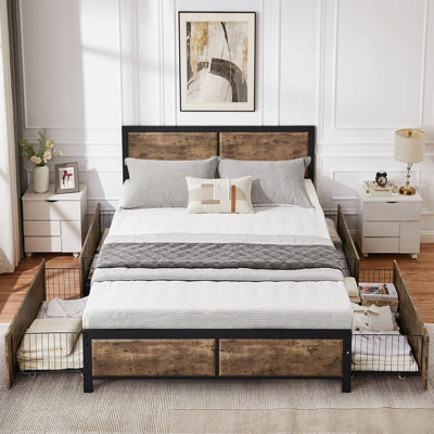 Bed Frame With 4 Storage Drawers And Wood Headboard