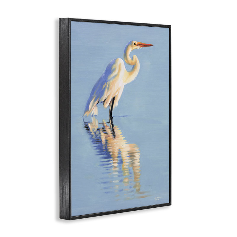 Blue Egret Reflection Grey Framed Giclee Art by D. Rust, 18" H x 12" W, Midnight Black Framed Giclee