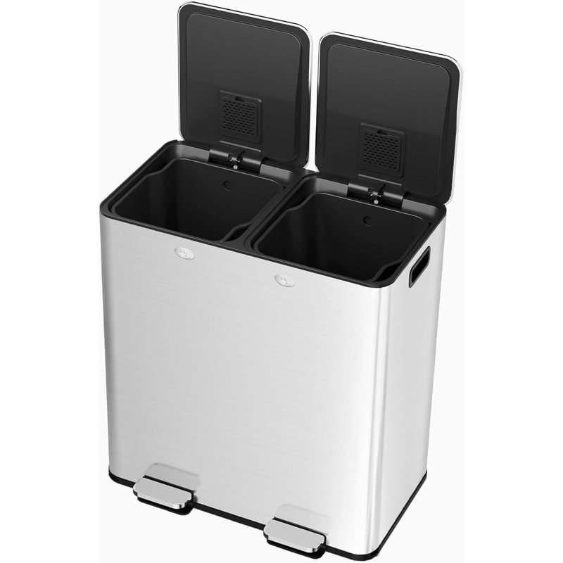 Double poubelle de cuisine en acier inoxydable - 60 L (16 gallons) au total, 2 bacs de 8 gallons avec paniers amovibles et couvercles séparés, pédale pour la cuisine, le bureau et le restaurant