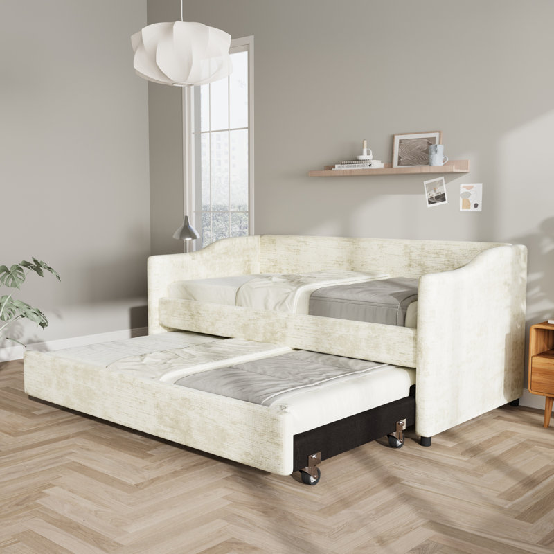 Upholstered Daybed With Trundle, Beige