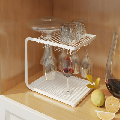 Multi Functional Household Red Wine Cup Holder - Hanging Inverted High Footed Cup Storage Rack, Metal Spray Paint+PP Tray, Double-Layer Drainage Design