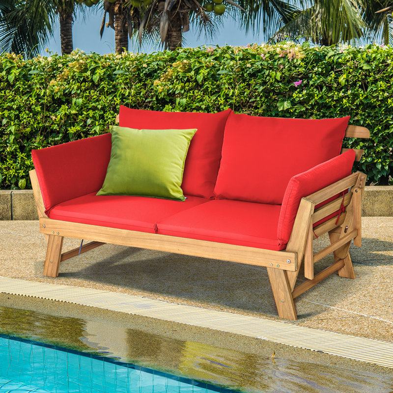 Lit de jour de patio en bois d'acacia avec coussins Alsa, Rouge