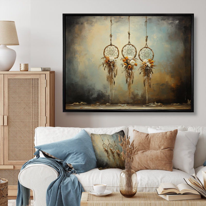 «Beige Dream Catcher Rustic Charm II», reproduction sur toile, Cadre flottant noir, H 24 po x l 32 po x P 1 po