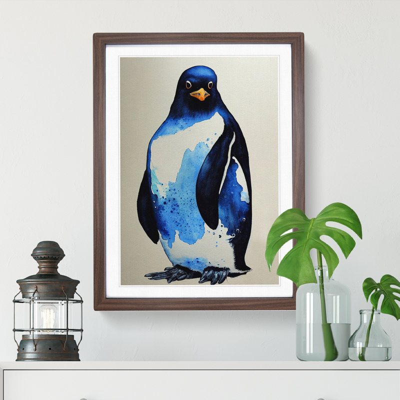 Watercolour Penguin No.1 - Single Picture Frame Painting, 34cm H x 25cm W x 2cm D, Walnut