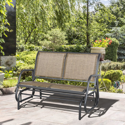 2 Outdoor Glider Bench , Patio Double Swing Rocking Chair. Mixed Brown, Powder Coated Steel. Comfortable Sling Fabric, Water-, Quick-Drying, -. Supports 440 Lbs. 47.25"L X 27.5"W 33.5"H. Seat: 45"L