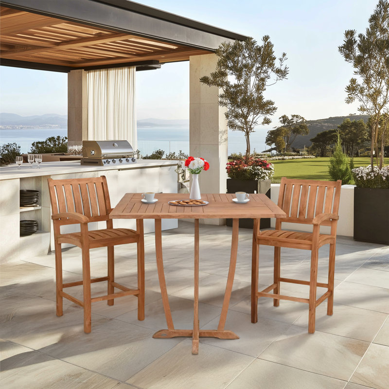 Teak Wood Bistro Bar Set Including 35" Square Miami Bar Table And Abacho Barstools With Arms, 2