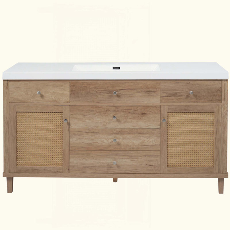 Meuble-lavabo avec lavabo SMC, grande armoire de rangement moderne avec tiroirs à fermeture en douceur et portes en rotin, boutons en métal argenté et 5 pieds en pin