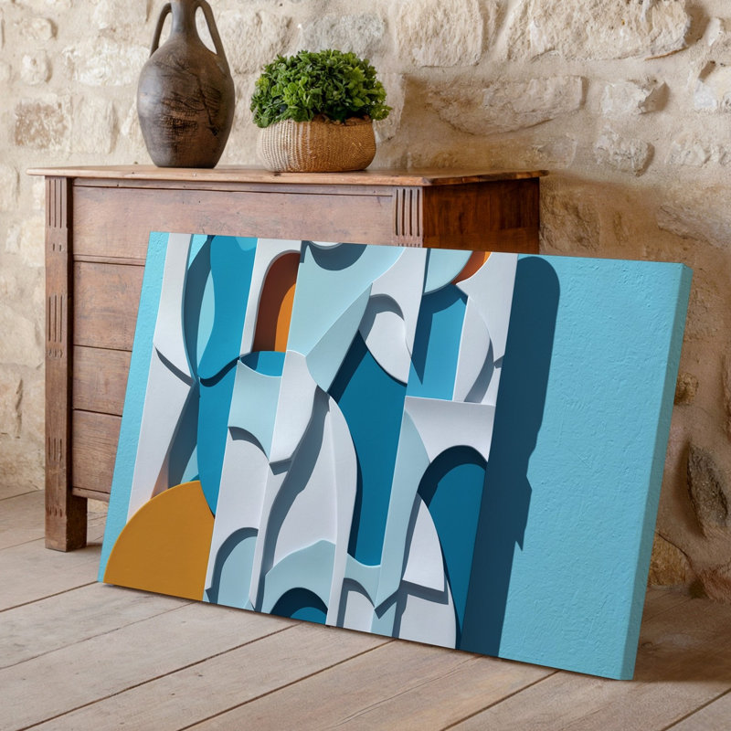 Toile, composition abstraite saisissante avec une série de formes d'art géométriques superposées dans des tons pastel doux, y compris des blancs