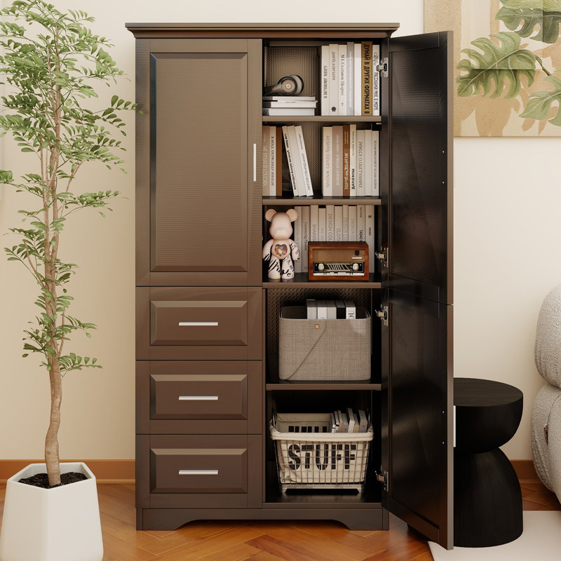 Armoire de rangement haute et large avec portes pour salle de bain / bureau, trois tiroirs, noir, Noir