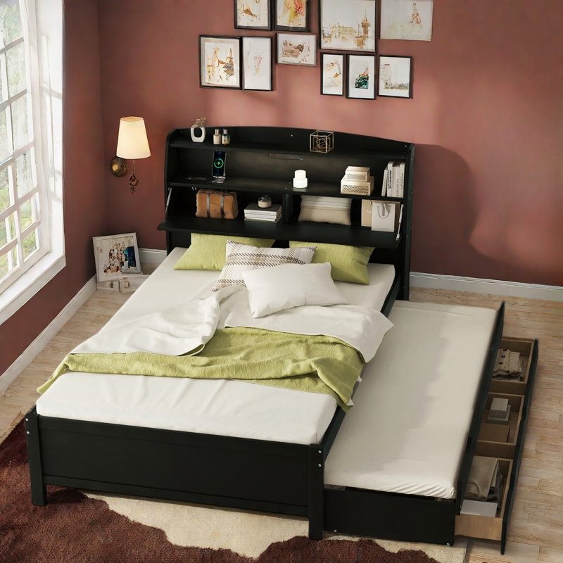 Lit plateforme en bois avec lit gigogne, tête de lit et tiroirs de rangement, Double, Blanc