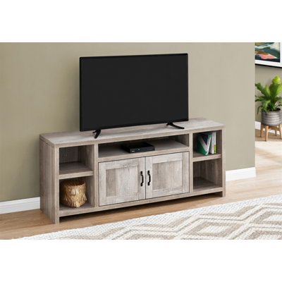 Meuble télé 60 po en stratifié transitionnel avec plusieurs options de rangement pour les médias et les accessoires, idéal pour le salon et la chambre à coucher