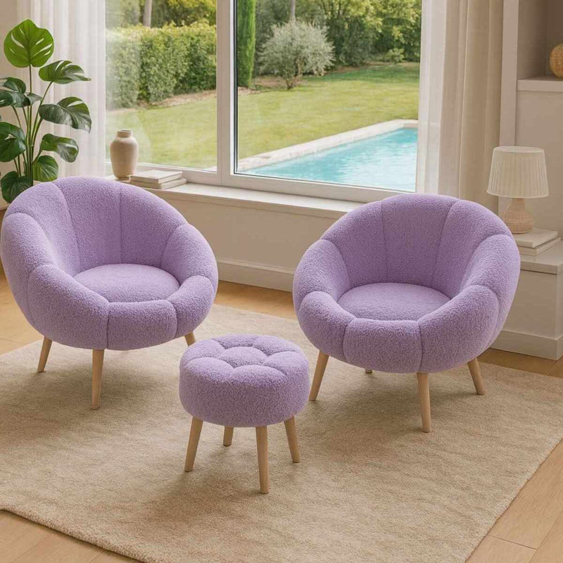 Ensemble de fauteuil à oreilles et pouf (3 pièces), Lilac Polyester Blend