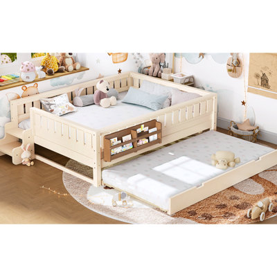 Grand lit de couleur beige, bibliothèque intégrée pour la lecture au coucher, lit gigogne supplémentaire, rails arrondis, taille en contreplaqué de pin avec bibliothèque, invités, conception ludique et structure