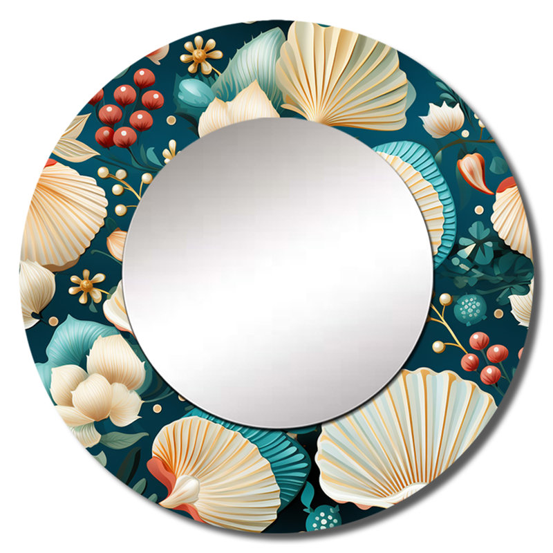 Rogenia Coastal Seashells Coastal Pattern - Coastal Mirror, Blue Round Decorative Wall Mirror, Printed Metal Art, 23" x 23"