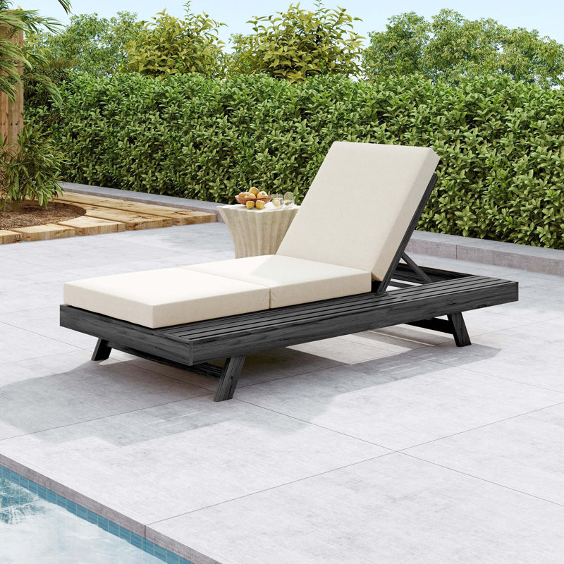 Chaise longue en bois d'acacia massif avec coussin de salon (pli triple) - version assortie disponible, Noir