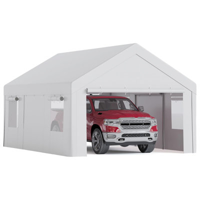 Abri d'auto 12 x 20 pi, fenêtres à enroulement, parois latérales amovibles, blanc