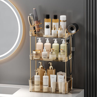 Comptoir de salle de bain à 3 niveaux avec support pour sèche-cheveux et porte-brosse à dents - Plateau de coiffeuse pour la commode de salle de bain - Maquillage nordique minimaliste