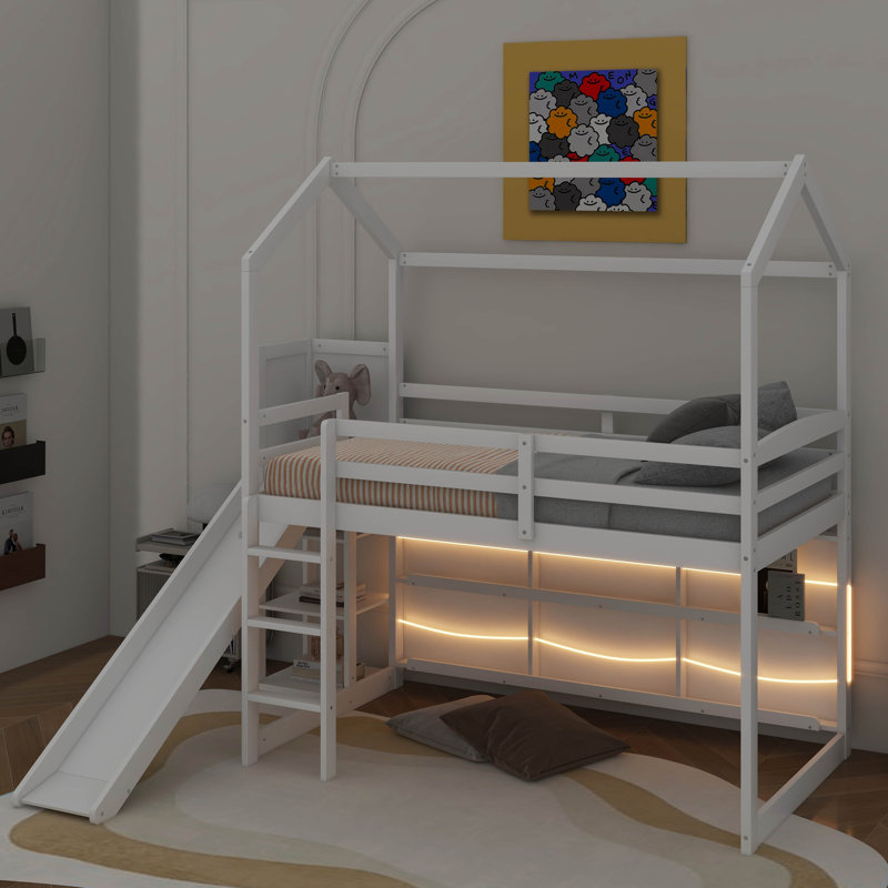 Twin Size Wood House Loft Bed With Slide, Storage Shelves And Light, Climbing Ramp, White