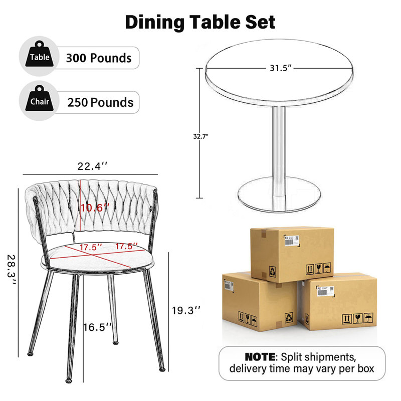 Ensemble de table de salle à manger moderne 3 pièces avec chaise de salle à manger Weavon, Beige/or