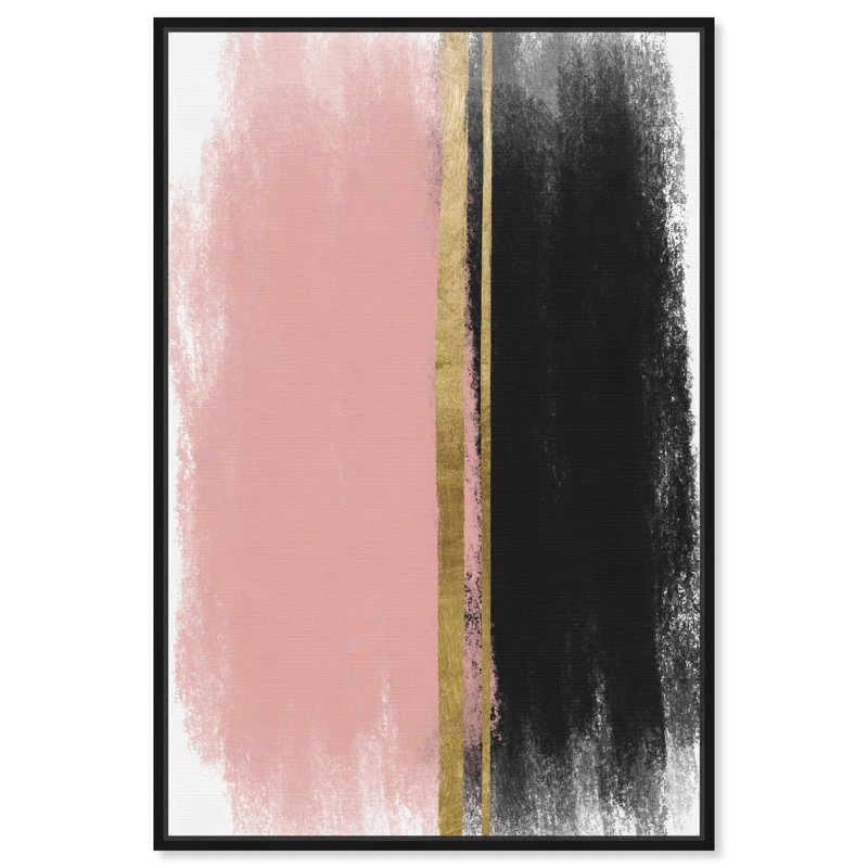 «Blush Around», rose doré, coups de pinceau, rose glamour - peinture sur toile, H 16 po x l 11 po, Cadre noir