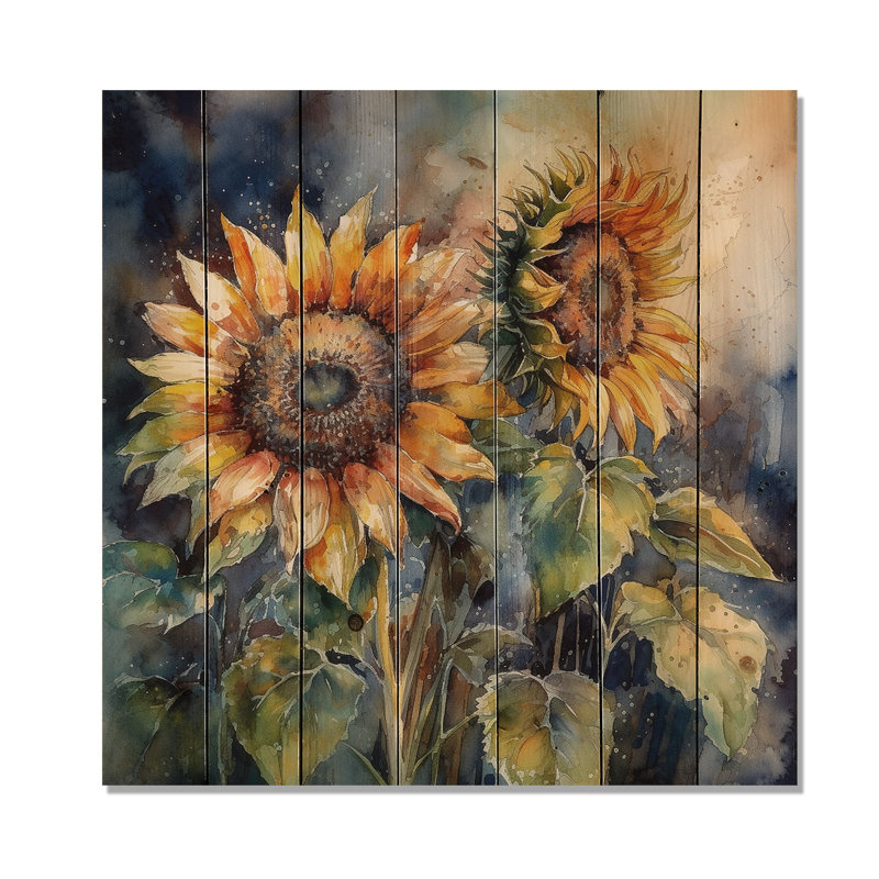 Jaune tournesol symphonie II - imprimé floral de tournesol sur bois de pin naturel, H 25 po x l 25 po x P 0,78 po