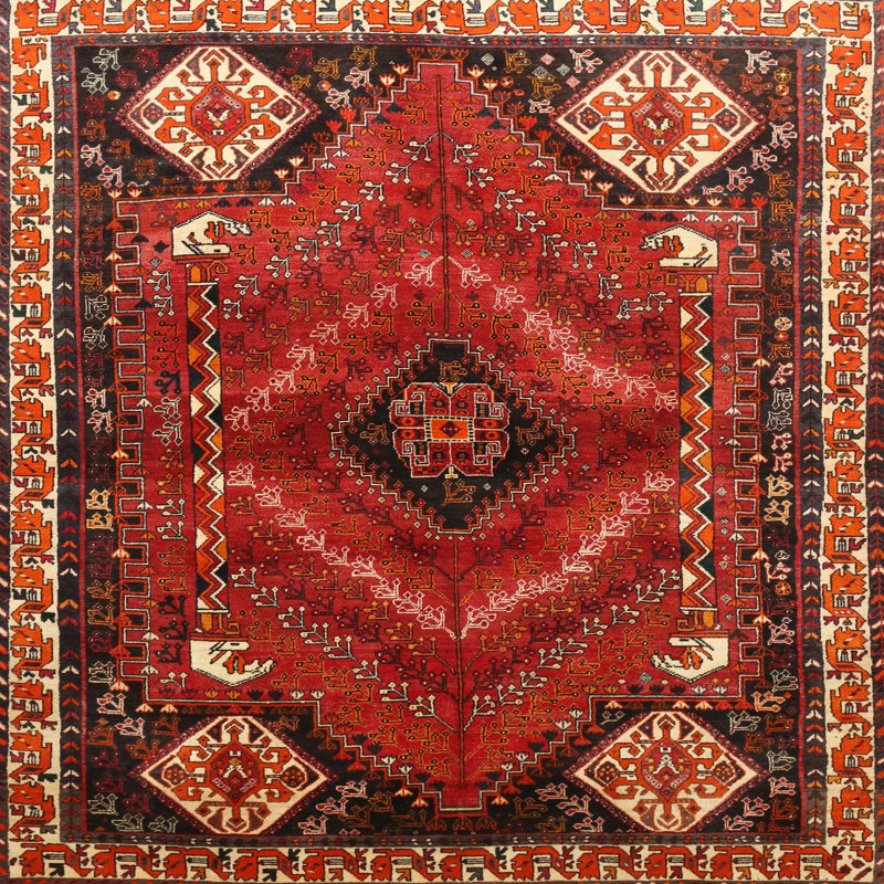 Tapis traditionnel rouge / beige / noir, Rond 8 pi