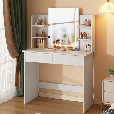 KDCAS Small Vanity Desk with Mirror and Lights, 35.4in Makeup Vanity with 3 Color Adjustable Lights, Modern Dressing Table with 2 Drawers & Storage Shelves for Bedroom, White