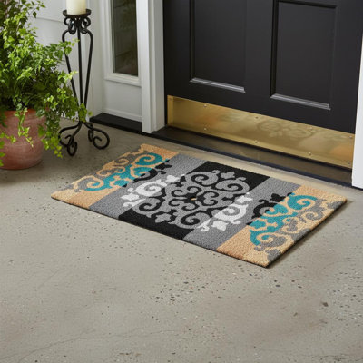 Tapis d'extérieur en damas beige et blanc 18 po x 30 po Coir